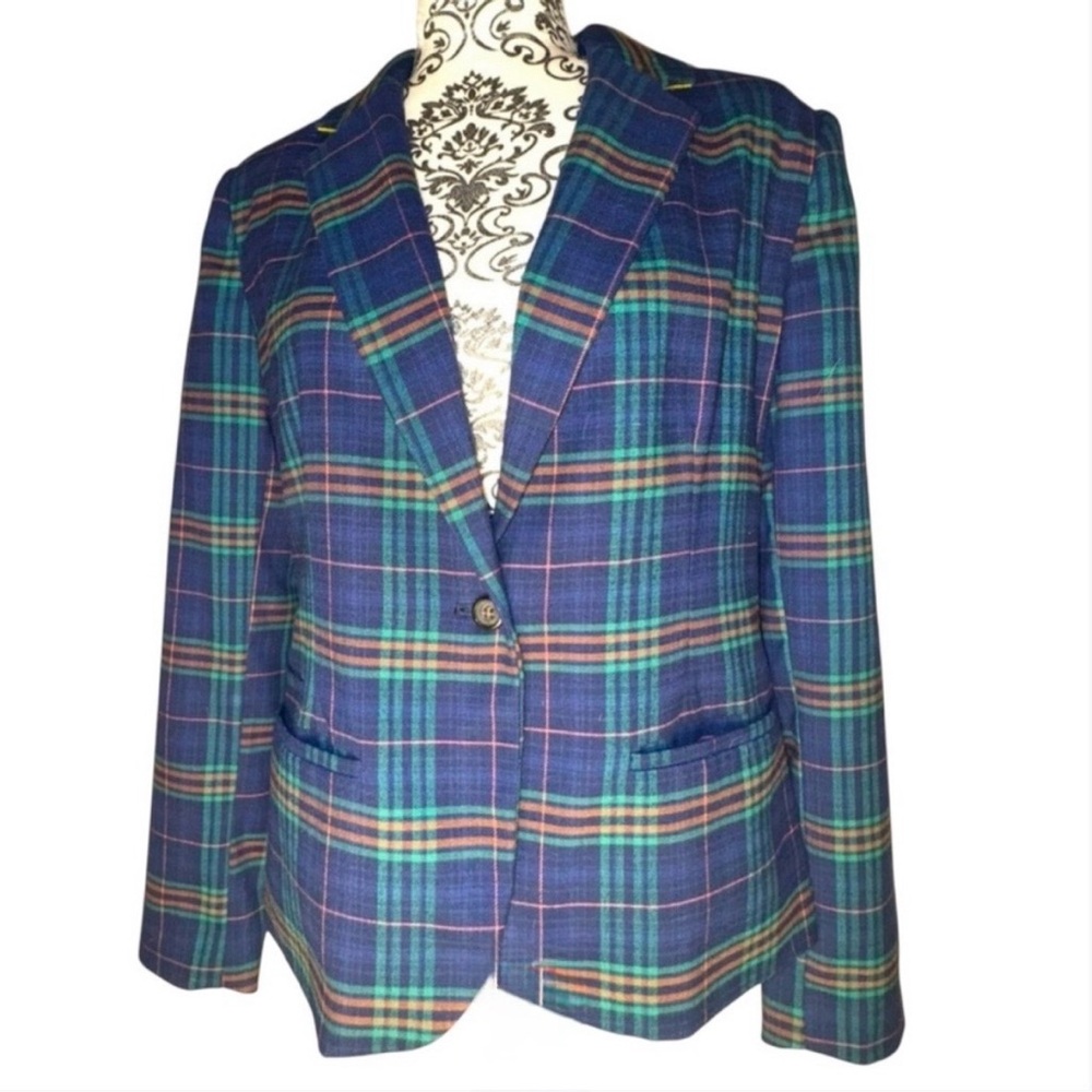 Merona Women’s Navy Blue Plaid One Button Blazer with Pockets & Rollable Sleeves